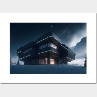 Black futuristic house in snowy place Posters and Art